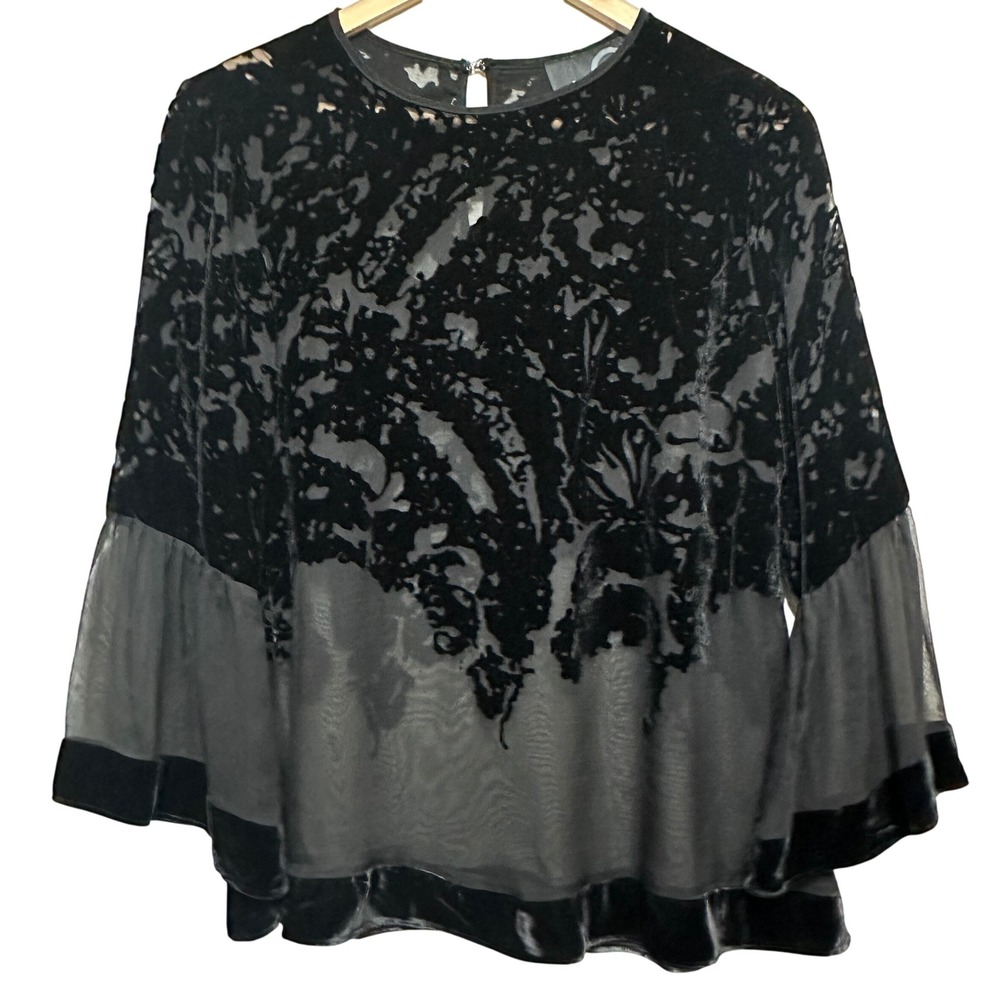 Analili Velvet Burnout Sheer Bell Sleeve Blouse Womens M Black Mesh Whimsigoth